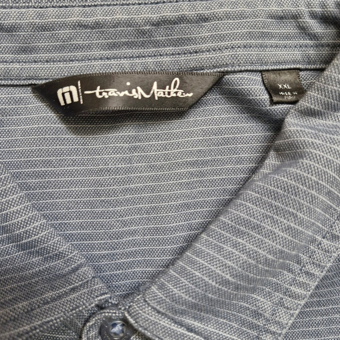 TravisMathew Polo Shirt Men’s Large Navy Blue Stripes Short Sleeve Golf